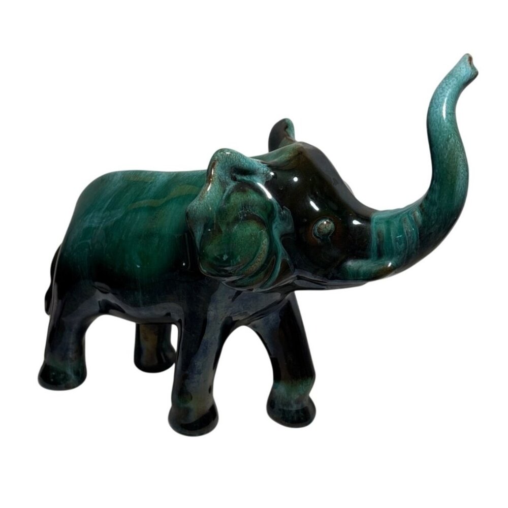 Blue Mountain Pottery Elephant Figure Large 8" Tall Green Black Drip Glaze MCM